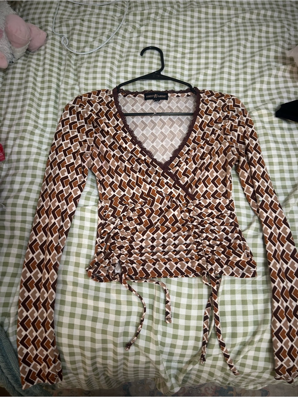Brown Geometric Wrap Long-Sleeve Top